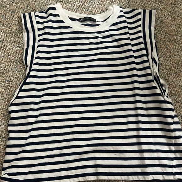 ZARA STRIPED T-SHIRT  WHITE / NAVY SZ S - Picture 2 of 2